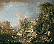 River Landscape with Ruin and Bridge, Francois Boucher